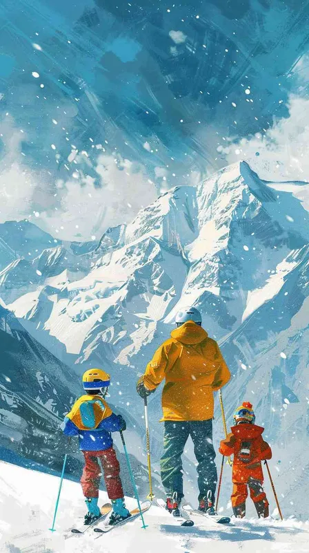帮我画一张宣传图，一家三口在北大道滑雪，一家人其乐融融，背景是雪山 - style1部分