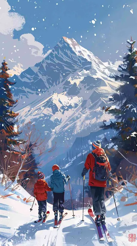 帮我画一张宣传图，一家三口在北大道滑雪，一家人其乐融融，背景是雪山 - style2部分