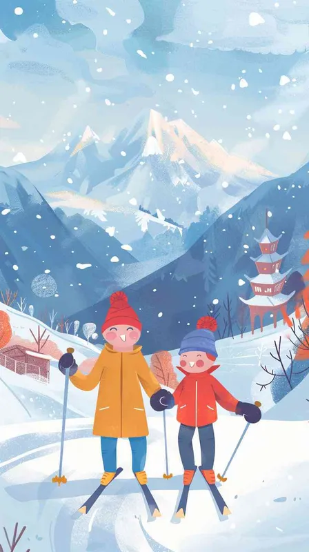 帮我画一张宣传图，一家三口在北大道滑雪，一家人其乐融融，背景是雪山 - style4部分