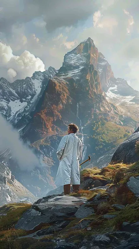 A photorealistic image capturing the moment of a doctor and a carpenter standing back-to-back, with a focus on a side profile close-up of both. The doctor is in a white lab coat, embodying professionalism and compassion. The carpenter wears a work apron, holding a hammer, representing skill and dedication. The background features a majestic high mountain, adding a serene yet imposing atmosphere to the scene. The overall composition emphasizes the contrast and harmony between the professions. - style1部分