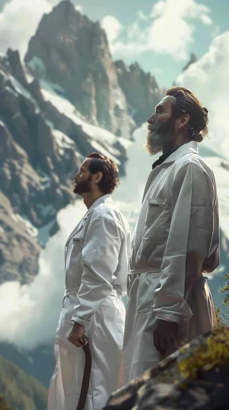 A photorealistic image capturing the moment of a doctor and a carpenter standing back-to-back, with a focus on a side profile close-up of both. The doctor is in a white lab coat, embodying professionalism and compassion. The carpenter wears a work apron, holding a hammer, representing skill and dedication. The background features a majestic high mountain, adding a serene yet imposing atmosphere to the scene. The overall composition emphasizes the contrast and harmony between the professions. - style2部分