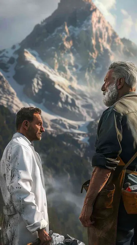 A photorealistic image capturing the moment of a doctor and a carpenter standing back-to-back, with a focus on a side profile close-up of both. The doctor is in a white lab coat, embodying professionalism and compassion. The carpenter wears a work apron, holding a hammer, representing skill and dedication. The background features a majestic high mountain, adding a serene yet imposing atmosphere to the scene. The overall composition emphasizes the contrast and harmony between the professions. - style3部分