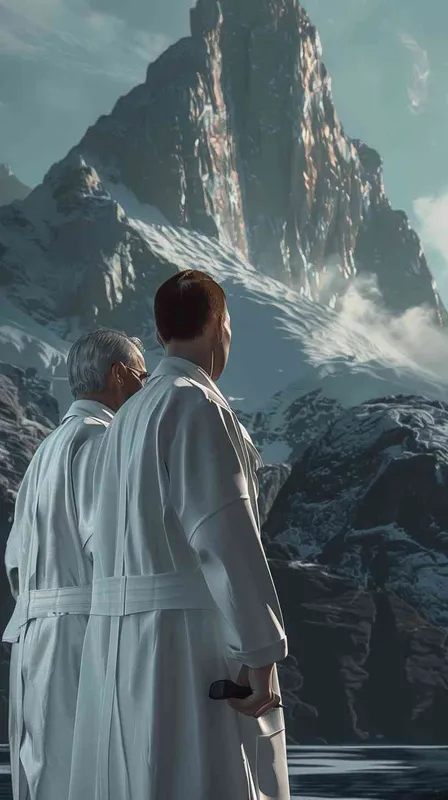 A photorealistic image capturing the moment of a doctor and a carpenter standing back-to-back, with a focus on a side profile close-up of both. The doctor is in a white lab coat, embodying professionalism and compassion. The carpenter wears a work apron, holding a hammer, representing skill and dedication. The background features a majestic high mountain, adding a serene yet imposing atmosphere to the scene. The overall composition emphasizes the contrast and harmony between the professions. - style4部分
