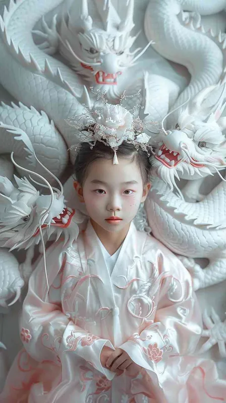 Surrealist portrait of a cute little girl, 7 years old, dressed in Hanfu,,The dragon's headdress,surrounded by dragons, white and pink --ar 3:4 --s 750 - style1部分