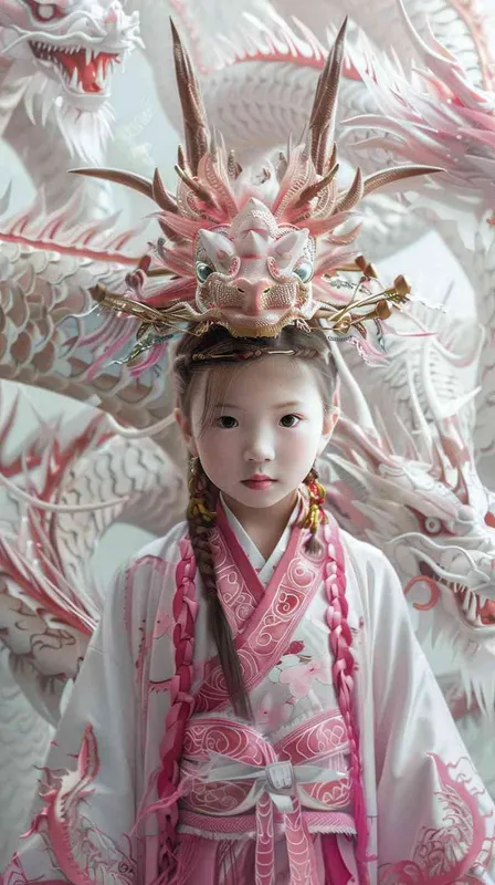 Surrealist portrait of a cute little girl, 7 years old, dressed in Hanfu,,The dragon's headdress,surrounded by dragons, white and pink --ar 3:4 --s 750 - style2部分