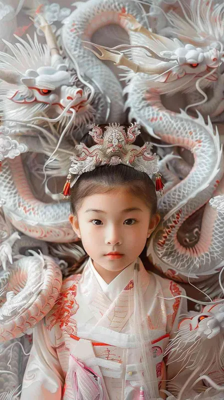Surrealist portrait of a cute little girl, 7 years old, dressed in Hanfu,,The dragon's headdress,surrounded by dragons, white and pink --ar 3:4 --s 750 - style3部分