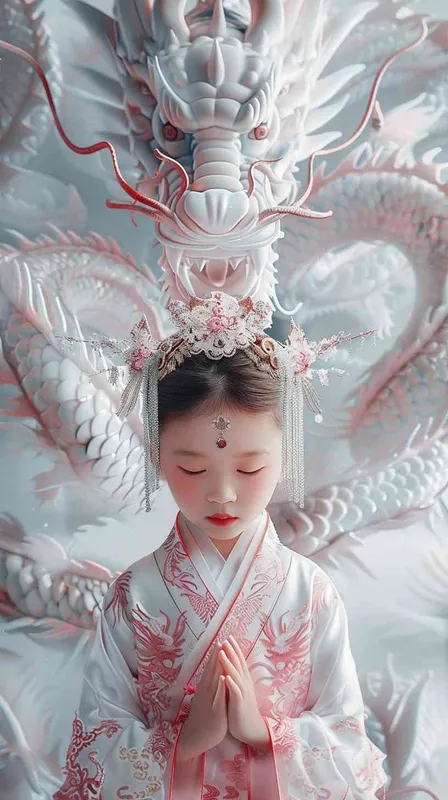Surrealist portrait of a cute little girl, 7 years old, dressed in Hanfu,,The dragon's headdress,surrounded by dragons, white and pink --ar 3:4 --s 750 - style4部分