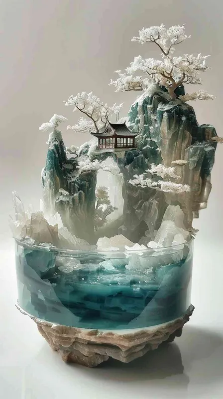 Chinese punk 中国朋克
traditional Chinese landscape style 传统山水风格
miniature sculpture style 微型雕塑风格
crystal made 水晶制作
surreal details 超现实的细节 - style1部分
