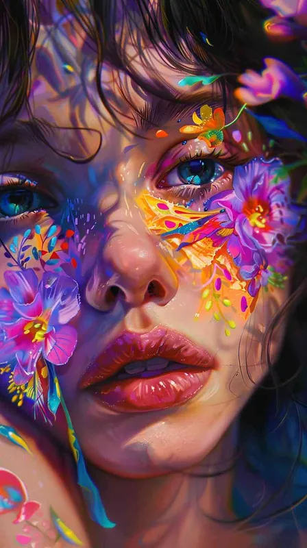 illustration,beautiful girl with colorful flowers on her face,multi-layered figures,romantic and natural,neon color palette, intricate, loose and smooth, by Cheng Yanjun --ar 3:4 --s 1000 --niji 6 - style2部分