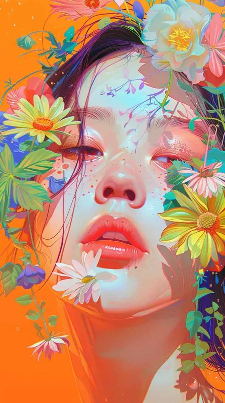 illustration,beautiful girl with colorful flowers on her face,multi-layered figures,romantic and natural,neon color palette, intricate, loose and smooth, by Cheng Yanjun --ar 3:4 --s 1000 --niji 6 - style3部分