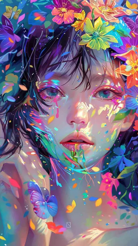illustration,beautiful girl with colorful flowers on her face,multi-layered figures,romantic and natural,neon color palette, intricate, loose and smooth, by Cheng Yanjun --ar 3:4 --s 1000 --niji 6 - style4部分