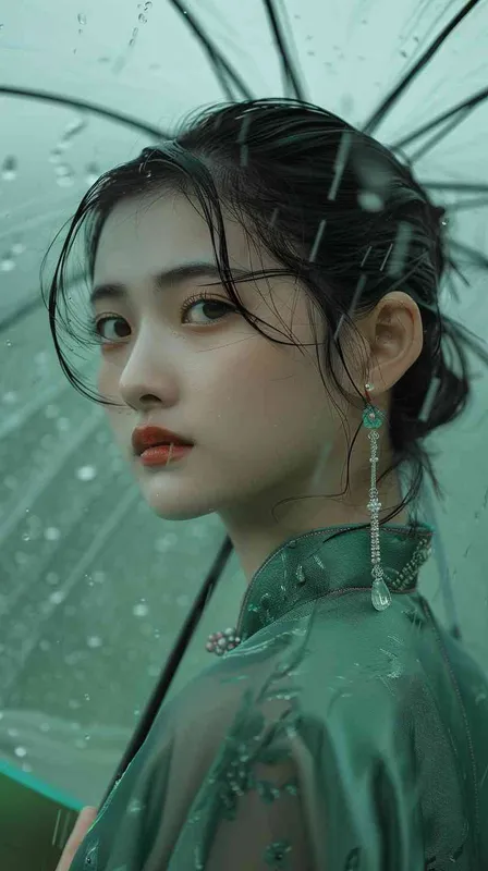 photo，close-up, young lady, Chinese aesthetics style，green background，umbrella  --ar 2:3  --v 6.0 - style1部分
