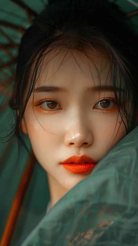 photo，close-up, young lady, Chinese aesthetics style，green background，umbrella  --ar 2:3  --v 6.0 - style2部分