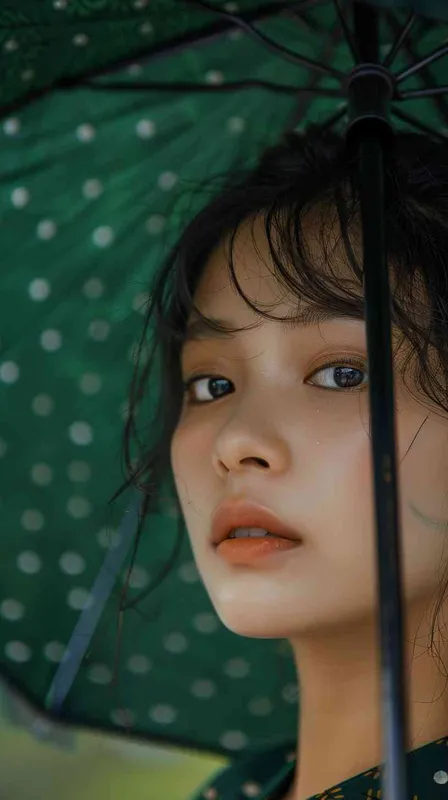 photo，close-up, young lady, Chinese aesthetics style，green background，umbrella  --ar 2:3  --v 6.0 - style3部分