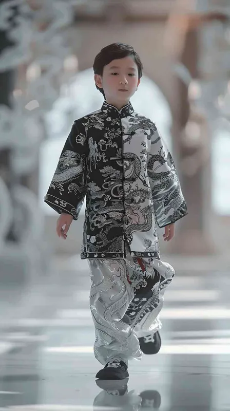 Surrealism, a 8 year old boy, white and black tiger zodiac inspired chinese traditional attire, runway, front view, full body, blurred background, Runway setting, professional photographer, high detail, real and virtual combination, 4k, 8k, --ar 9:16 --s 750 - style2部分