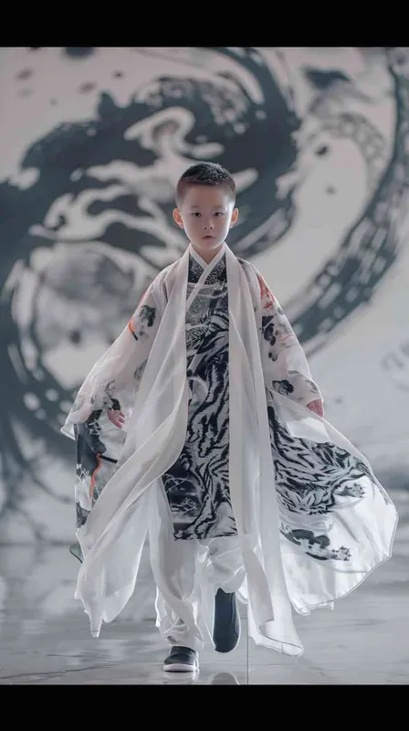 Surrealism, a 8 year old boy, white and black tiger zodiac inspired chinese traditional attire, runway, front view, full body, blurred background, Runway setting, professional photographer, high detail, real and virtual combination, 4k, 8k, --ar 9:16 --s 750 - style3部分