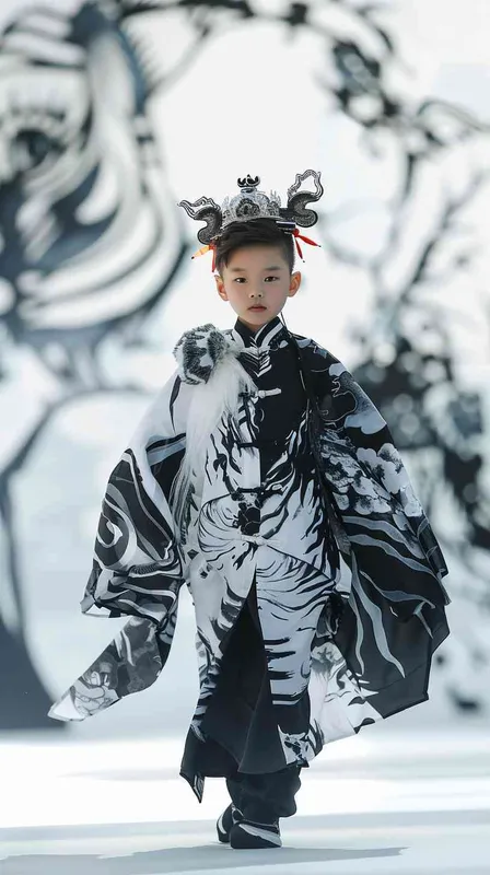 Surrealism, a 8 year old boy, white and black tiger zodiac inspired chinese traditional attire, runway, front view, full body, blurred background, Runway setting, professional photographer, high detail, real and virtual combination, 4k, 8k, --ar 9:16 --s 750 - style4部分