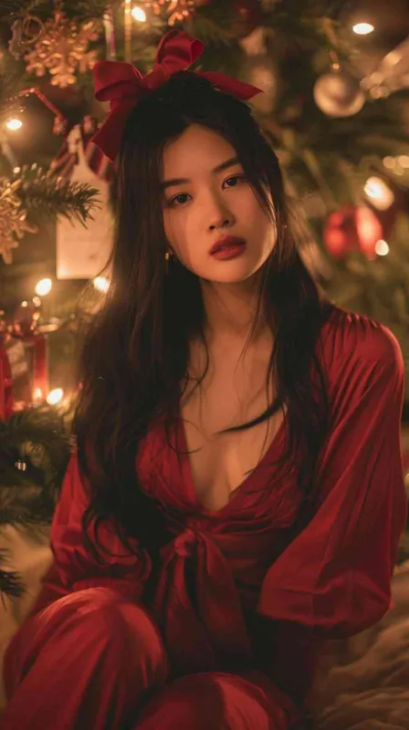 a very beautiful asian women with long hair and a bow in her hair sitting in front of a christmas tree with a christmas card, wearing red chest-length dresses,facing the camera, beautiful,soft candle light,knees up ,velvet,relaxed,dslr,bedroom,long shot(ls),best quality  - style3部分