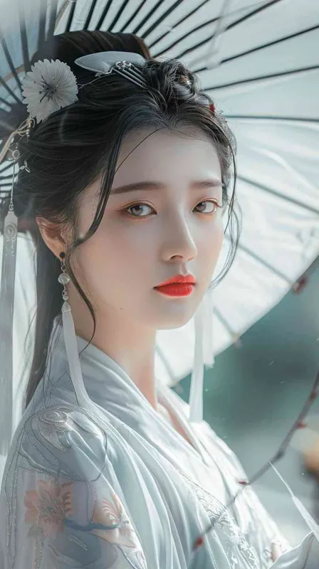 远距离拍摄，在白色水晶龙下方站着一位中国美女，12岁，正面，面带微笑，身穿白色汉服，背景漂浮白云，背景干净，极简主义，浅白和浅绿，质感梦幻，宏大场景，动感设计，水面融合，设计平衡，大师作品，电影灯光，超高清，细节精细，色彩等级，32K高清 - style1部分