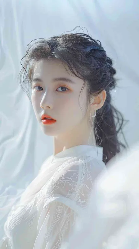 远距离拍摄，在白色水晶龙下方站着一位中国美女，12岁，正面，面带微笑，身穿白色汉服，背景漂浮白云，背景干净，极简主义，浅白和浅绿，质感梦幻，宏大场景，动感设计，水面融合，设计平衡，大师作品，电影灯光，超高清，细节精细，色彩等级，32K高清 - style2部分