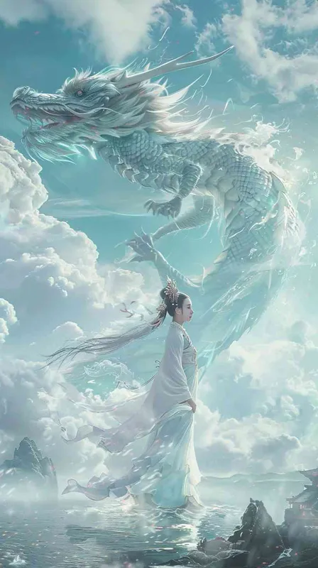 From a distance, under the white crystal dragon stands a Chinese beauty, 12 years old, positive, smiling, wearing white Hanfu, background floating white clouds, light white and light green, texture dream, grand scene, dynamic design, water fusion, design balance, master works, movie lighting, ultra high definition, fine detail, color level, 32K HD - style1部分