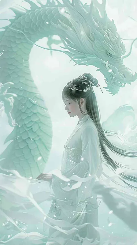 From a distance, under the white crystal dragon stands a Chinese beauty, 12 years old, positive, smiling, wearing white Hanfu, background floating white clouds, light white and light green, texture dream, grand scene, dynamic design, water fusion, design balance, master works, movie lighting, ultra high definition, fine detail, color level, 32K HD - style2部分