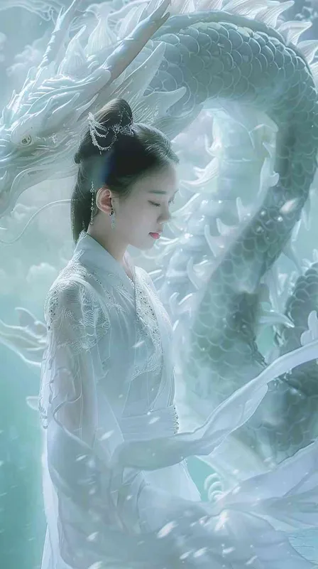 From a distance, under the white crystal dragon stands a Chinese beauty, 12 years old, positive, smiling, wearing white Hanfu, background floating white clouds, light white and light green, texture dream, grand scene, dynamic design, water fusion, design balance, master works, movie lighting, ultra high definition, fine detail, color level, 32K HD - style3部分