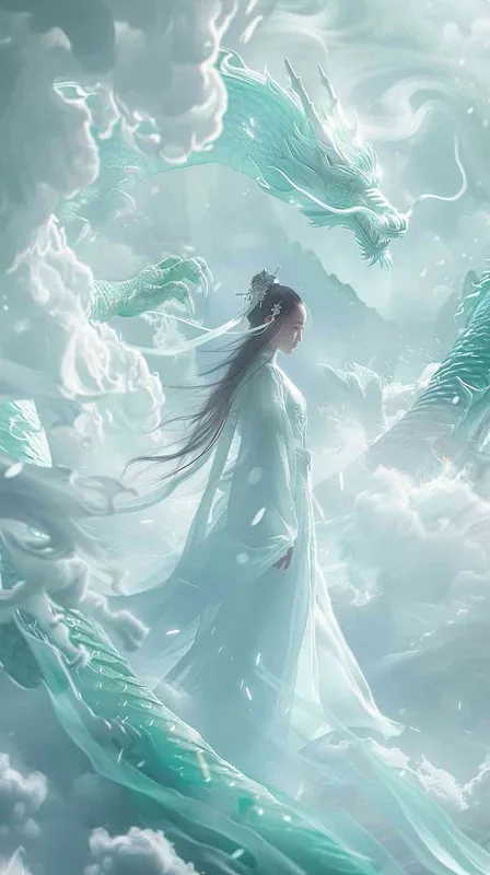 From a distance, under the white crystal dragon stands a Chinese beauty, 12 years old, positive, smiling, wearing white Hanfu, background floating white clouds, light white and light green, texture dream, grand scene, dynamic design, water fusion, design balance, master works, movie lighting, ultra high definition, fine detail, color level, 32K HD - style4部分