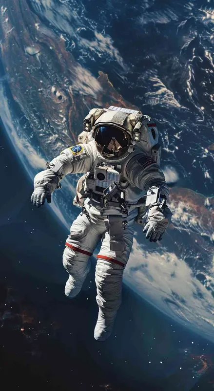 An astronaut floating in space, with Earth and the moon visible behind him. Fantasy scene. White spacesuit against a dark background, in the style of an unknown artist. --ar 35:64 - style1部分