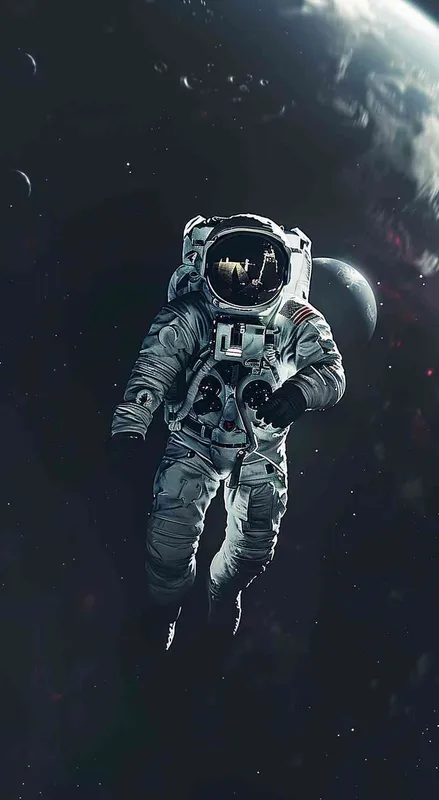 An astronaut floating in space, with Earth and the moon visible behind him. Fantasy scene. White spacesuit against a dark background, in the style of an unknown artist. --ar 35:64 - style2部分