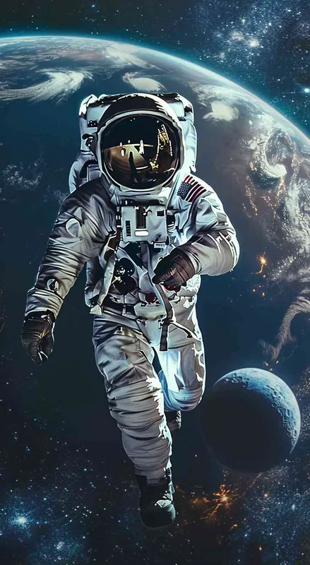 An astronaut floating in space, with Earth and the moon visible behind him. Fantasy scene. White spacesuit against a dark background, in the style of an unknown artist. --ar 35:64 - style3部分