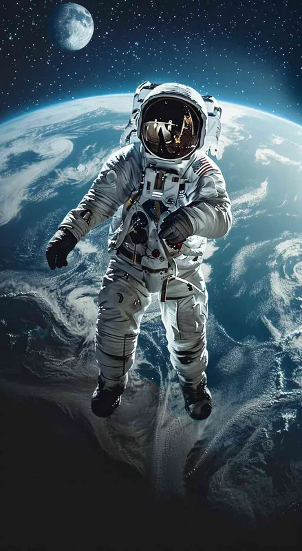 An astronaut floating in space, with Earth and the moon visible behind him. Fantasy scene. White spacesuit against a dark background, in the style of an unknown artist. --ar 35:64 - style4部分