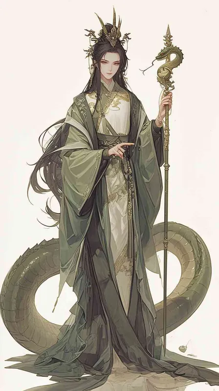 伏羲，中国古代风格，人首蛇身，美男子，动漫图像，手拿权杖 - style2部分