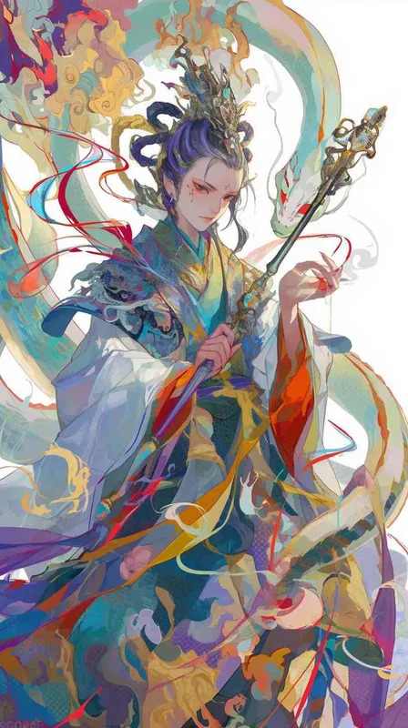 伏羲，中国古代风格，人首蛇身，美男子，动漫图像，手拿权杖 - style3部分
