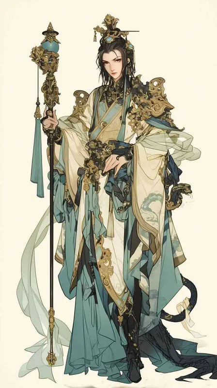 伏羲，中国古代风格，人首蛇身，美男子，动漫图像，手拿权杖 - style4部分