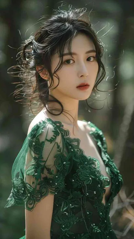 Goddess, Koreans,green lace low-cut dress, in the forest - style2部分