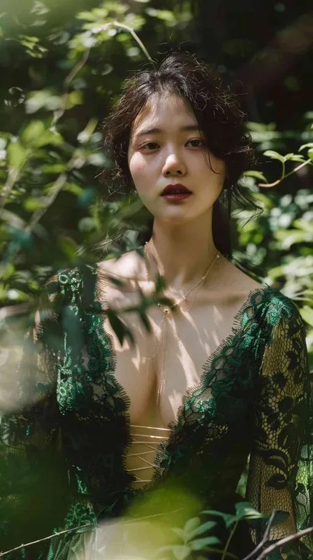 Goddess, Koreans,green lace low-cut dress, in the forest - style3部分