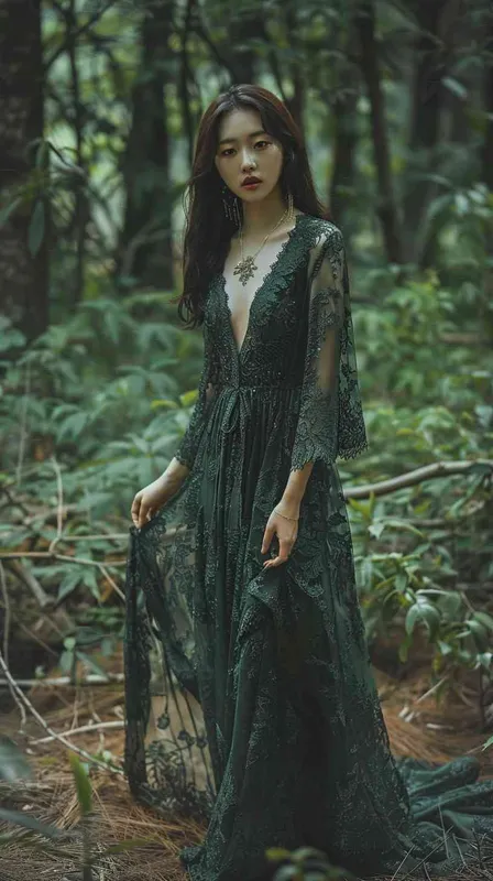 Goddess, Koreans,green lace low-cut dress, in the forest - style4部分