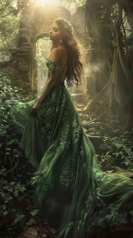 Goddess, Korean,green lace low-cut dress, in the forest - style2部分