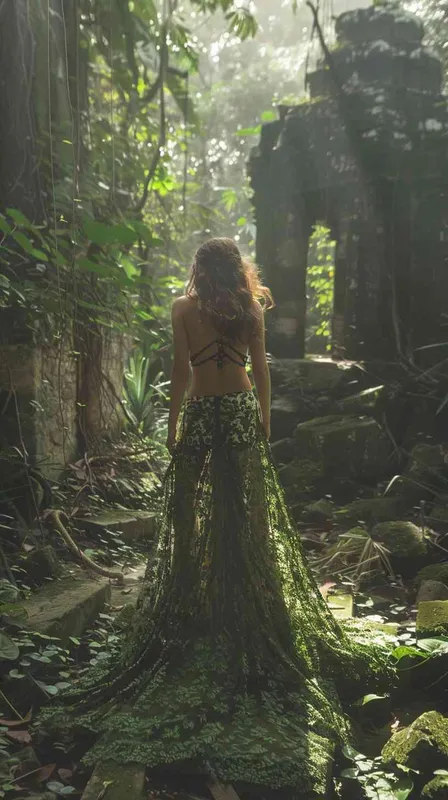 Goddess, Korean,green lace low-cut dress, in the forest - style3部分