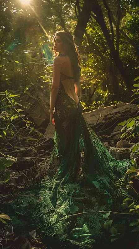 Goddess, Korean,green lace low-cut dress, in the forest - style4部分