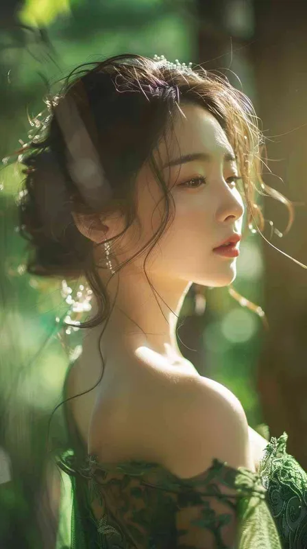 Korean face,Goddess,green lace low-cut dress, in the forest - style1部分