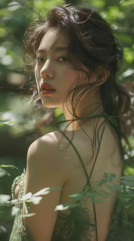 Korean face,Goddess,green lace low-cut dress, in the forest - style2部分