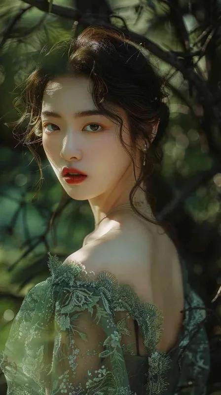 Korean face,Goddess,green lace low-cut dress, in the forest - style3部分