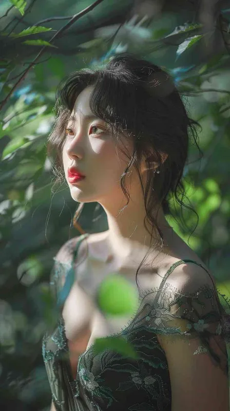 Korean face,Goddess,green lace low-cut dress, in the forest - style4部分