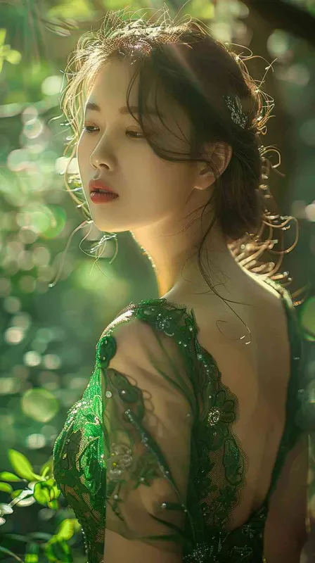 Korean face,Goddess,green lace low-cut dress, in the forest，whole body - style1部分