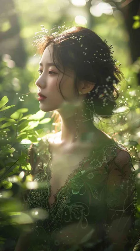 Korean face,Goddess,green lace low-cut dress, in the forest，whole body - style2部分