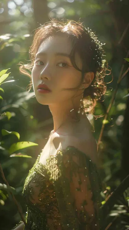 Korean face,Goddess,green lace low-cut dress, in the forest，whole body - style3部分