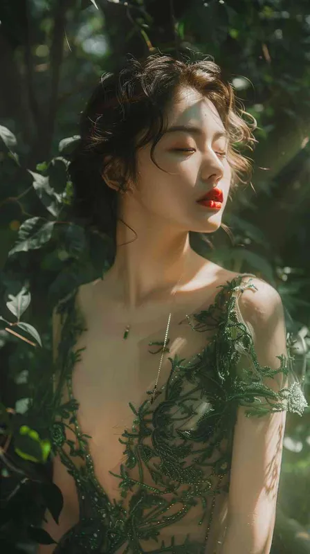 Korean face,Goddess,green lace low-cut dress, in the forest，whole body - style4部分