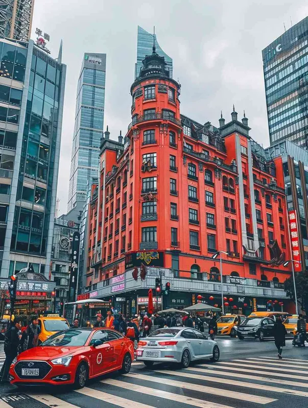 A photo of Wukang Building in Shanghai,busy streets,cars and pedestrians,Wukang Building becomes red and white – AI绘画作品展示 | Midjourney中文版生成